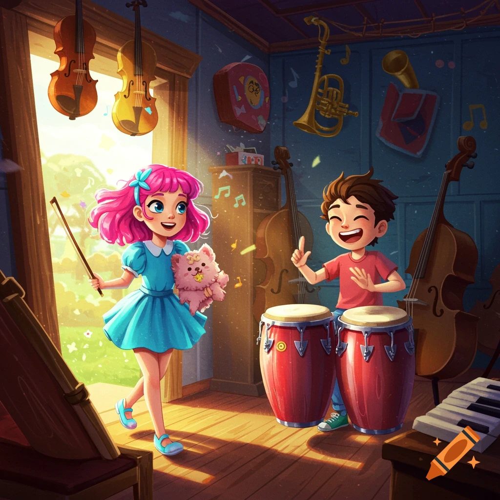 A whimsical image of a girl and boy playing music in a bright room filled with instruments.