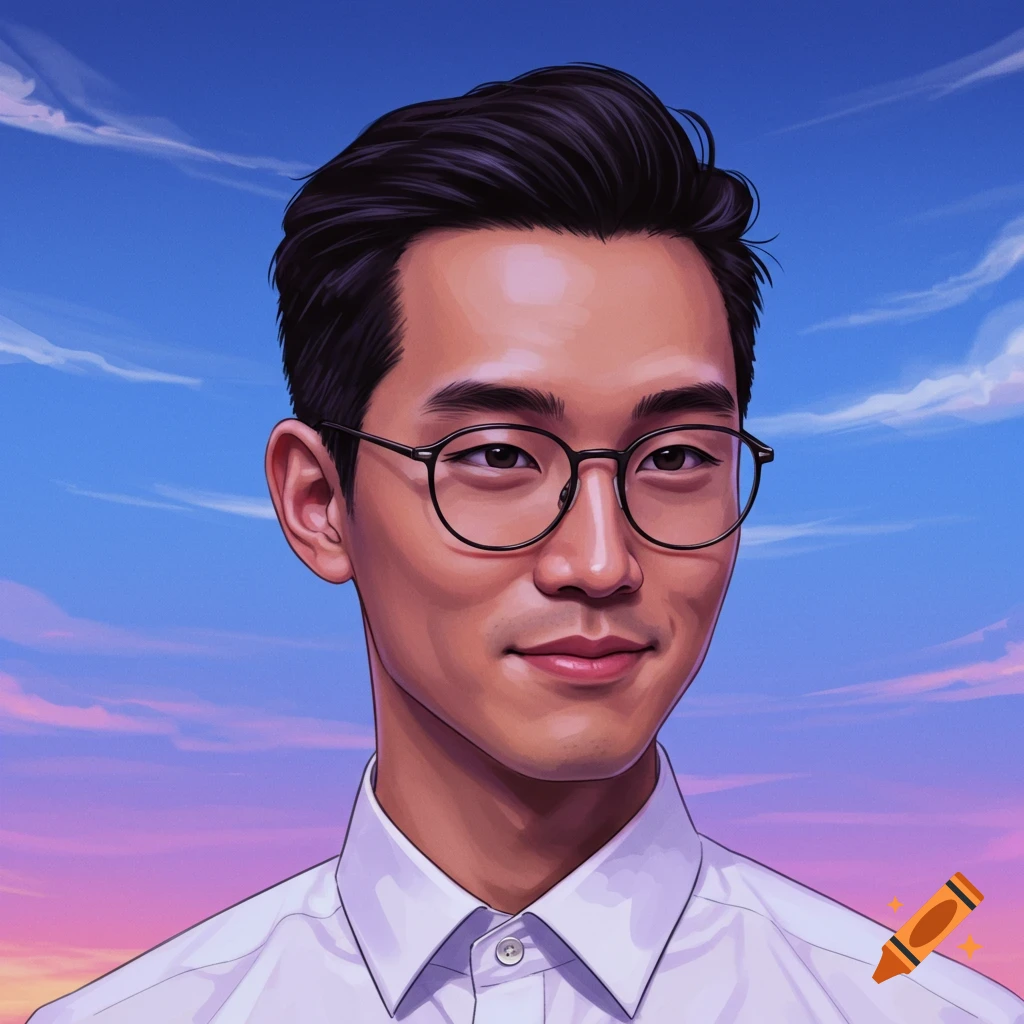 a man in glasses against a cloudy sky.