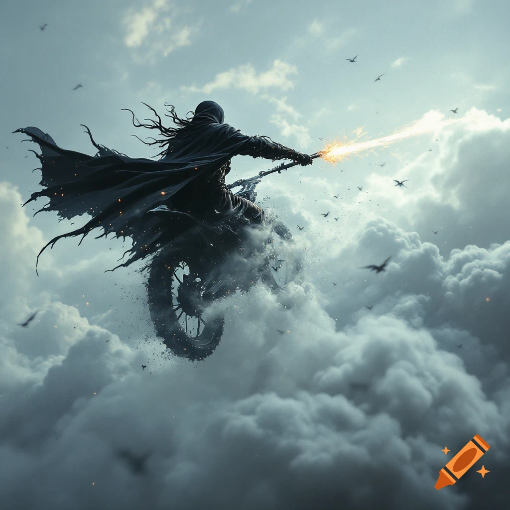 Figure in cloak on motorcycle flies through clouds, holding a flaming weapon, birds in sky.