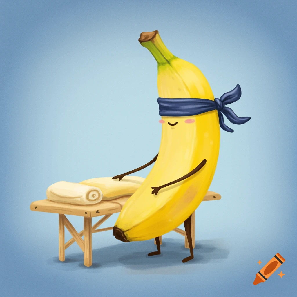 A blindfolded anthropomorphic banana masseuse stands by a massage table.