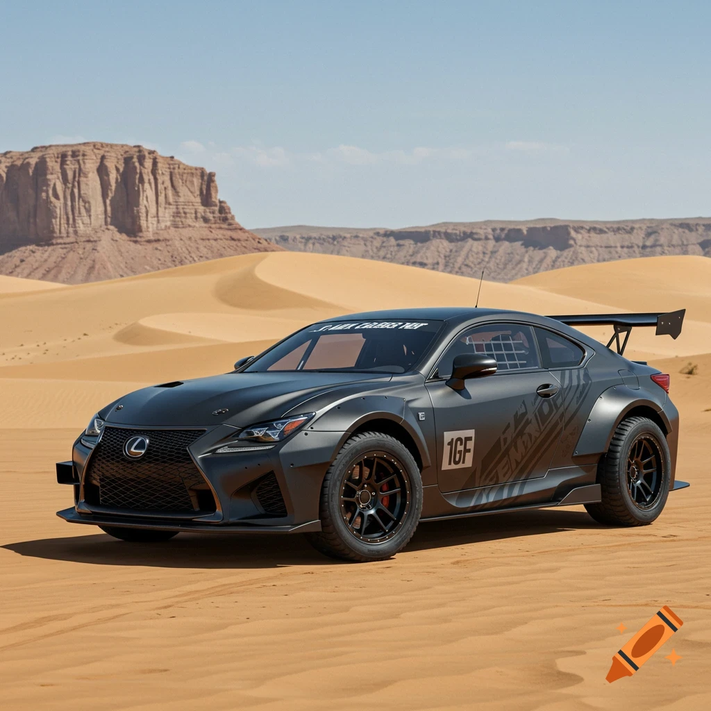 A black Lexus RCF desert racer car on a sand dune.