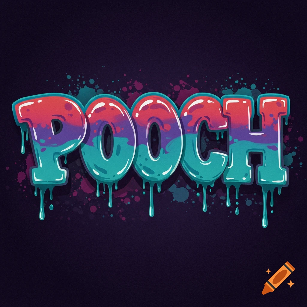 The word POOCH in colorful, drippy graffiti letters with paint splatters on a dark background.