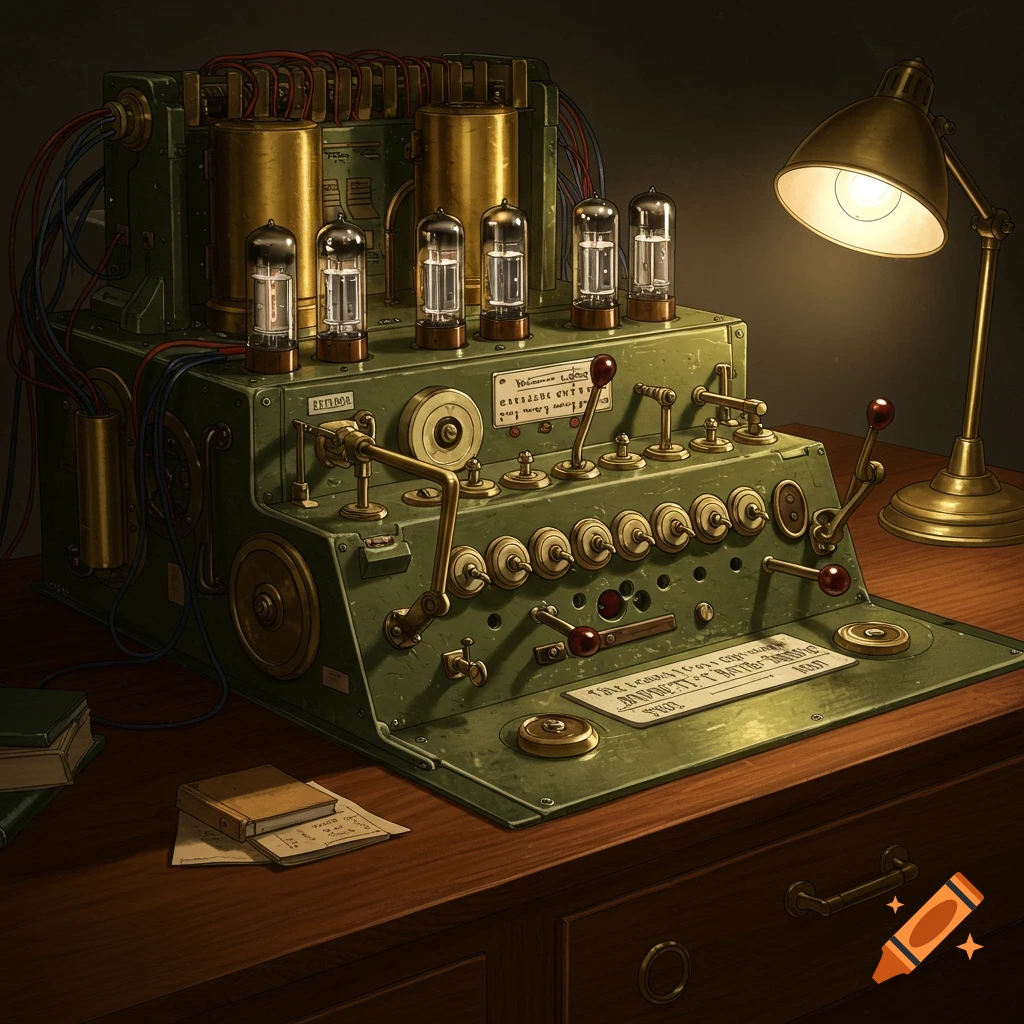 A vintage machine with vacuum tubes and controls sits on a desk with books and a lamp.
