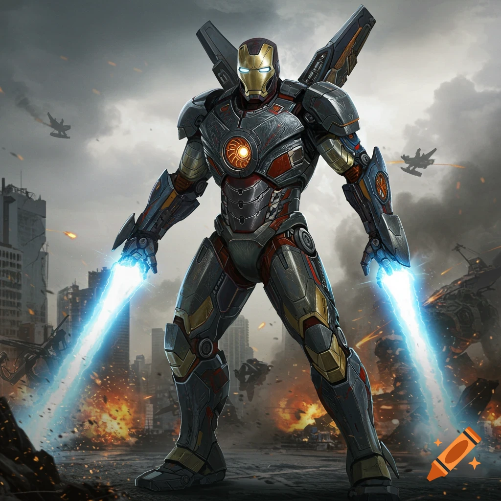 A powerful Iron Man-style suit with back wings and energy swords stands in a destroyed city landscape.