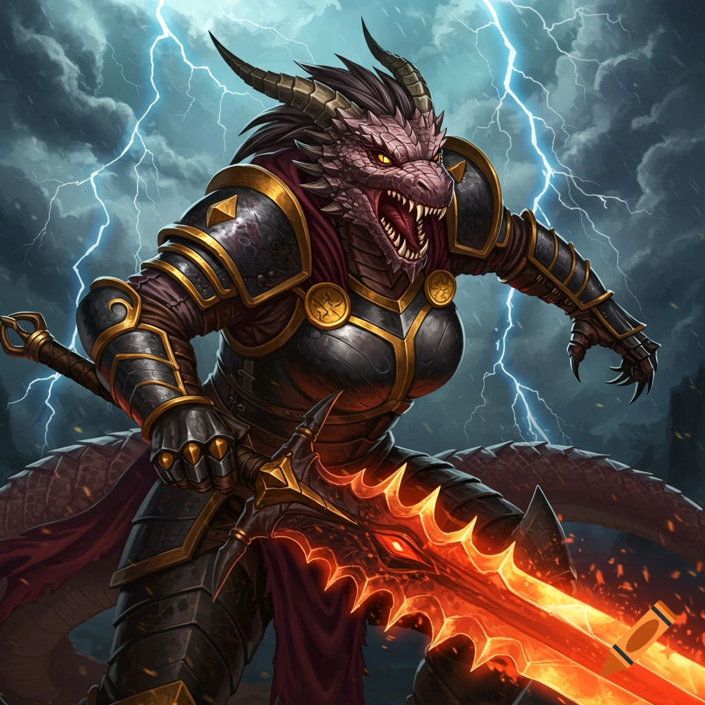 A dragon warrior in armor holding a fiery sword under a stormy sky with lightning.