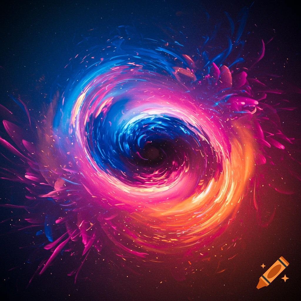 Abstract image of a colorful swirling vortex in blue, pink, and orange.