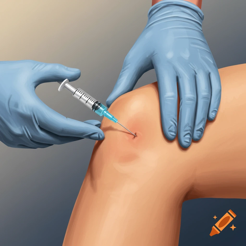 Gloved hands administering an injection into a knee.