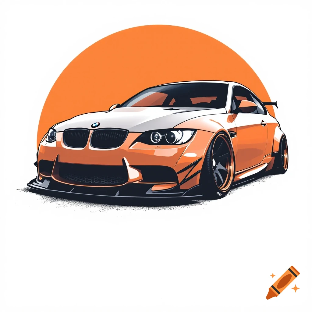 Stylized illustration of an orange and white modified BMW E92 car against an orange circle background.