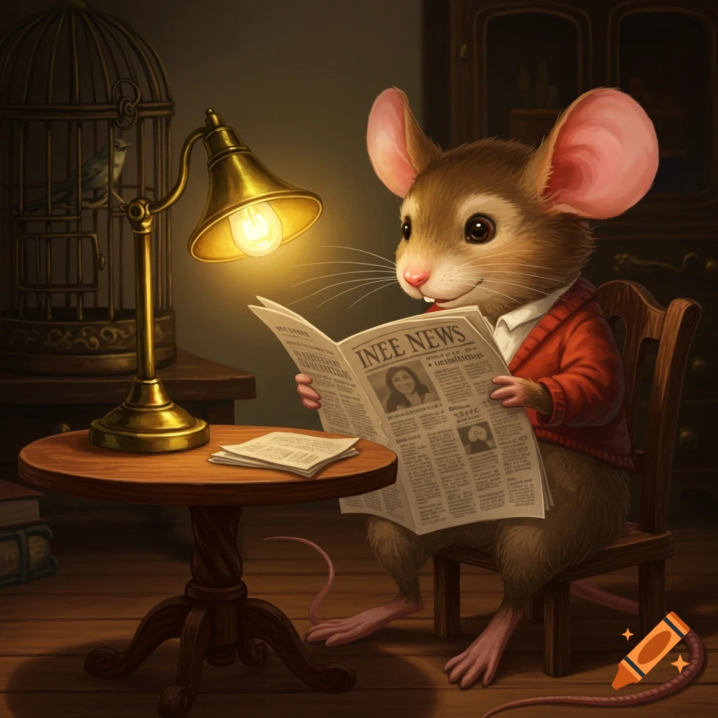 A cartoon mouse sits in a chair under a lamp, reading a newspaper. A bird cage is in the background.