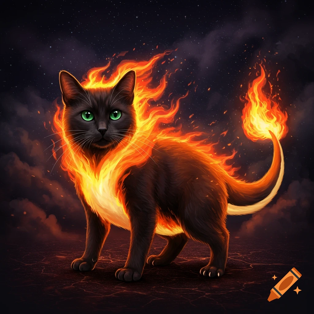 A black cat infused with fire like Charmander stands on cracked ground.