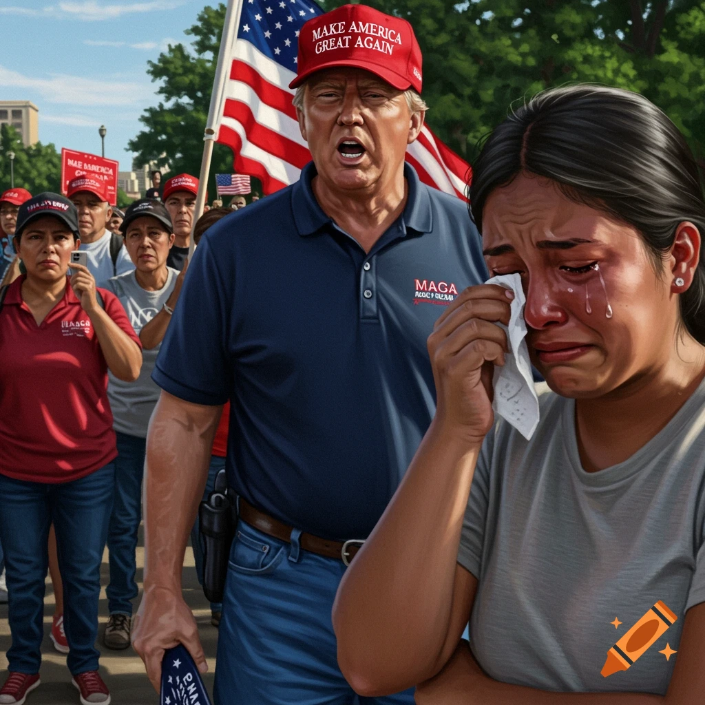 Person in red 'Make America Great Again' hat speaking in front of crowd, with a person crying in the foreground.