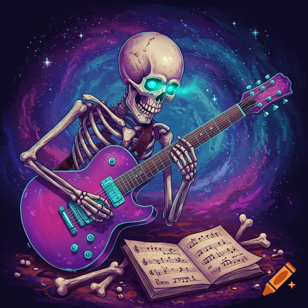 A skeleton plays a purple electric guitar and reads a music book against a galaxy background.