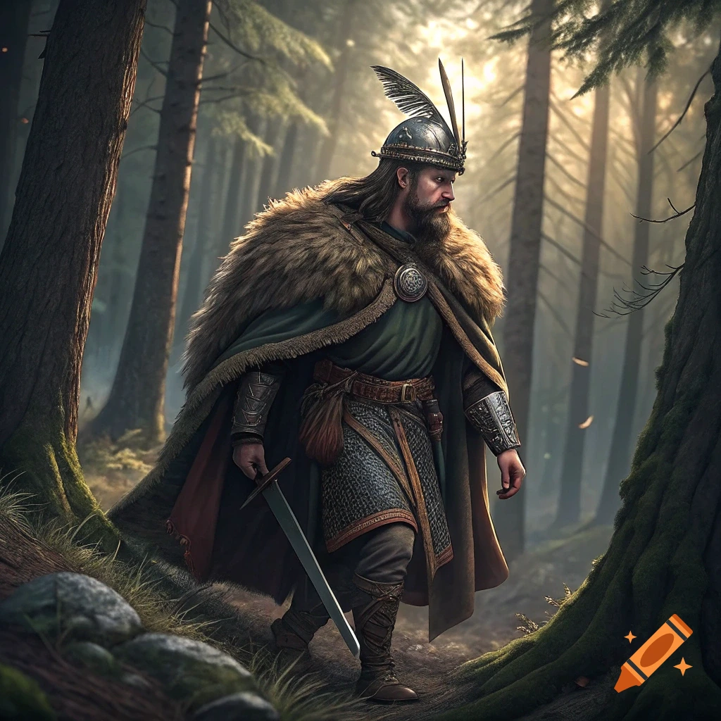 A warrior with a fur cloak and helmet walks through a sunlit forest with a sword.