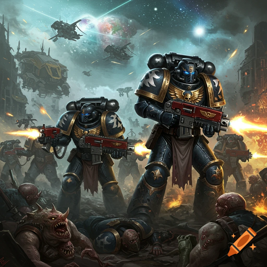 Warhammer 40k space marines battling monsters on a ruined planet with spacecraft overhead.