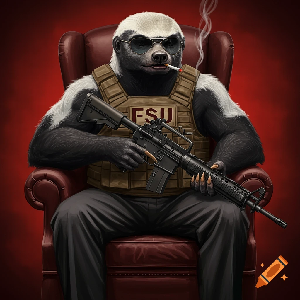 An anthropomorphic honey badger is sitting in a chair, holding a rifle. The badger is wearing a tactical vest with 'FSU' on it, sunglasses, and smoking a cigarette.