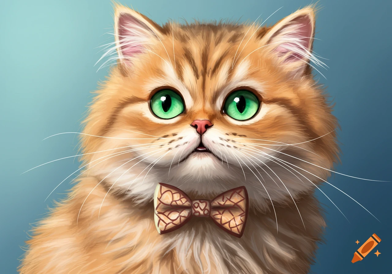 A cute fluffy orange cat with big green eyes wearing a bow tie.