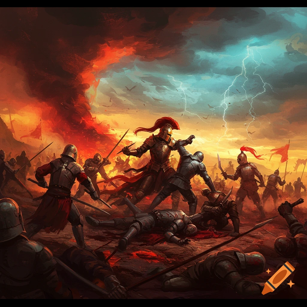 A chaotic battle between knights with swords, fallen soldiers, blood, and a fiery, stormy sky with lightning.