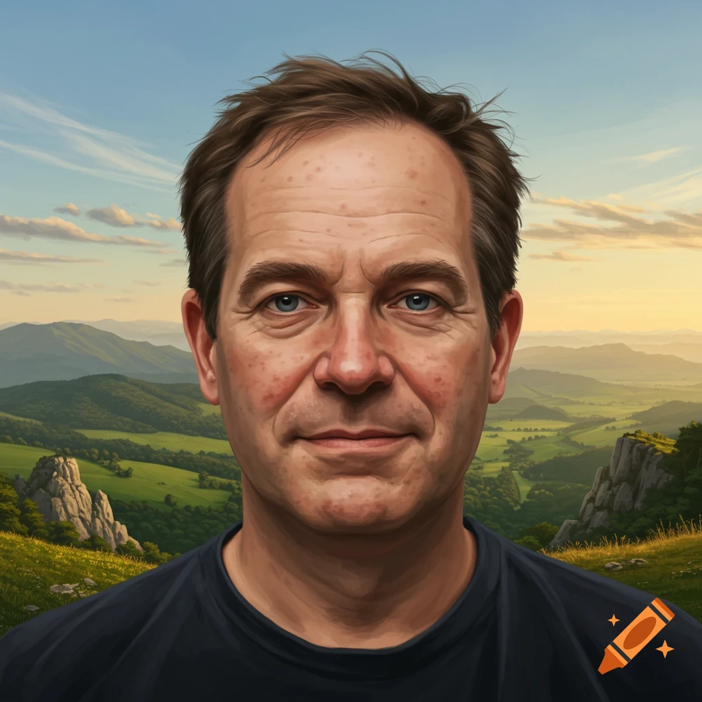 A man in front of a mountain landscape.