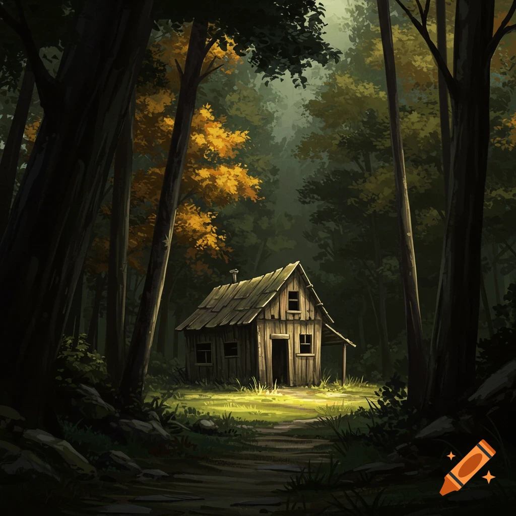 A wooden shack in a sunlit forest clearing.