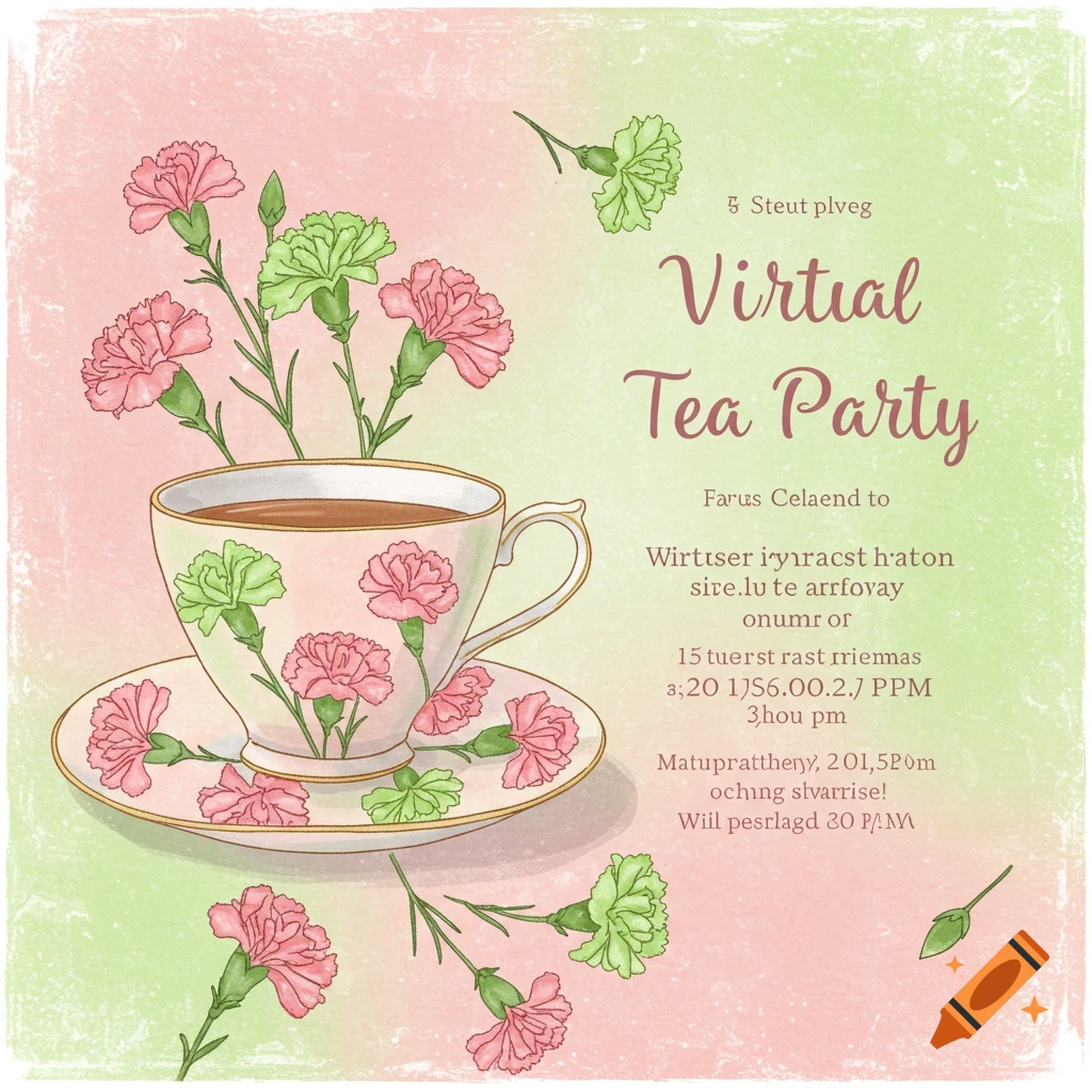 Watercolor illustration of a teacup with pink and green carnations spilling from it, on a pink and green background with text reading 'Virtual Tea Party'.