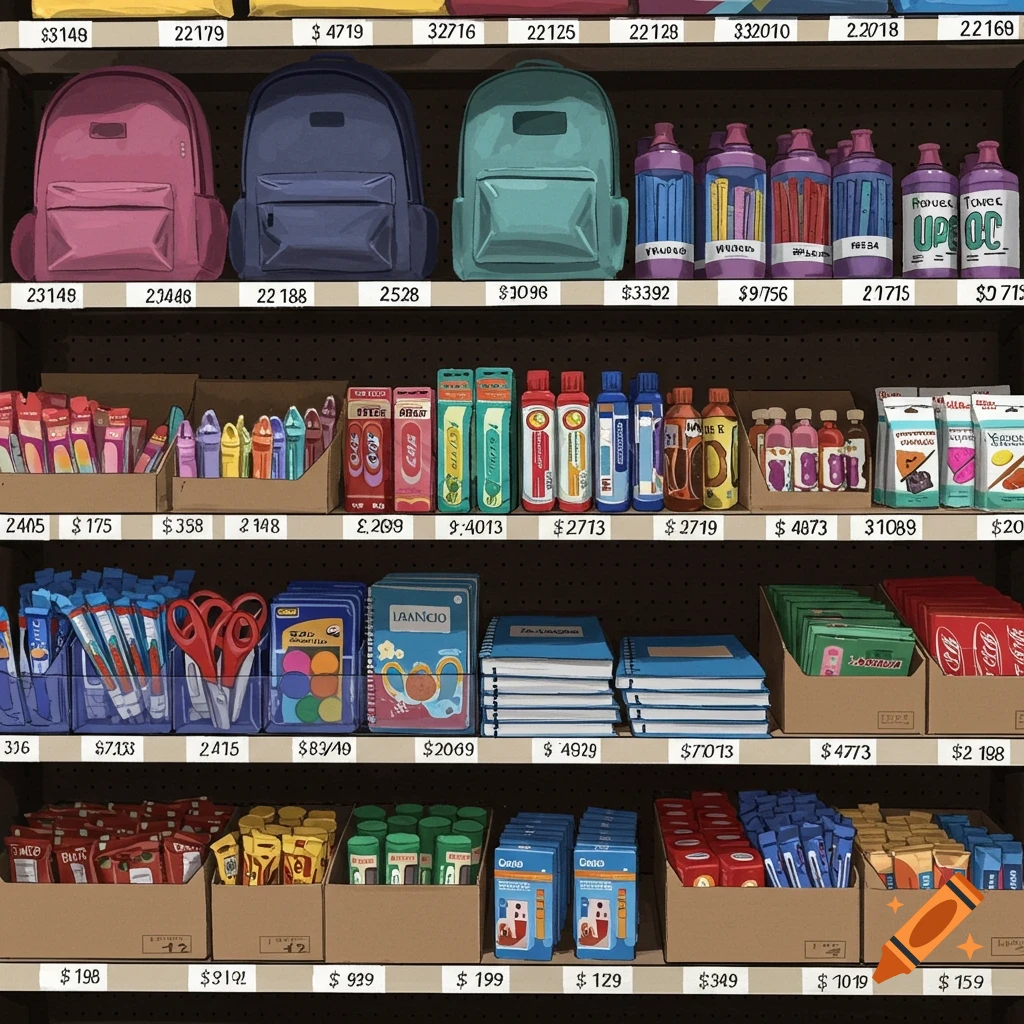 Store shelves filled with backpacks, notebooks, pencils, and other school supplies.