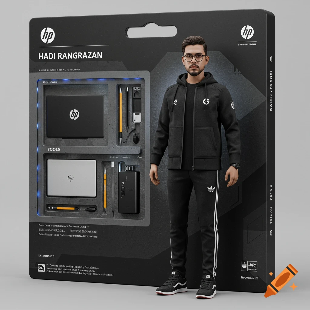 Man next to action figure packaging for an HP tech product displaying a laptop and tools.