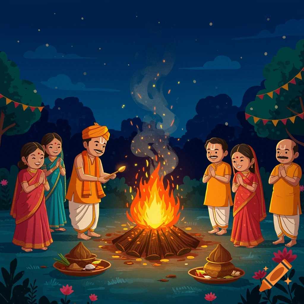 Cartoon depiction of people around a bonfire during a Hindu hawan ceremony at night.