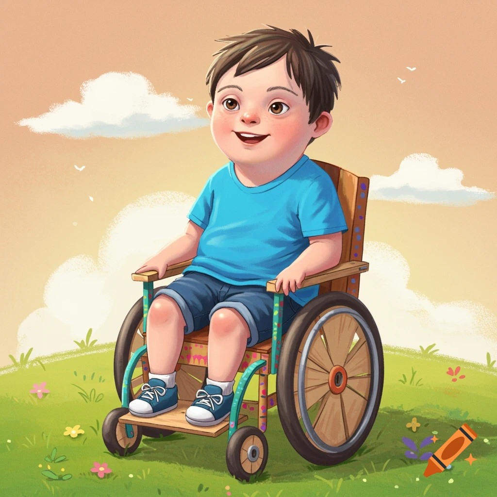 A young boy with Down syndrome sits in a wheelchair outdoors in a bright, whimsical illustration.
