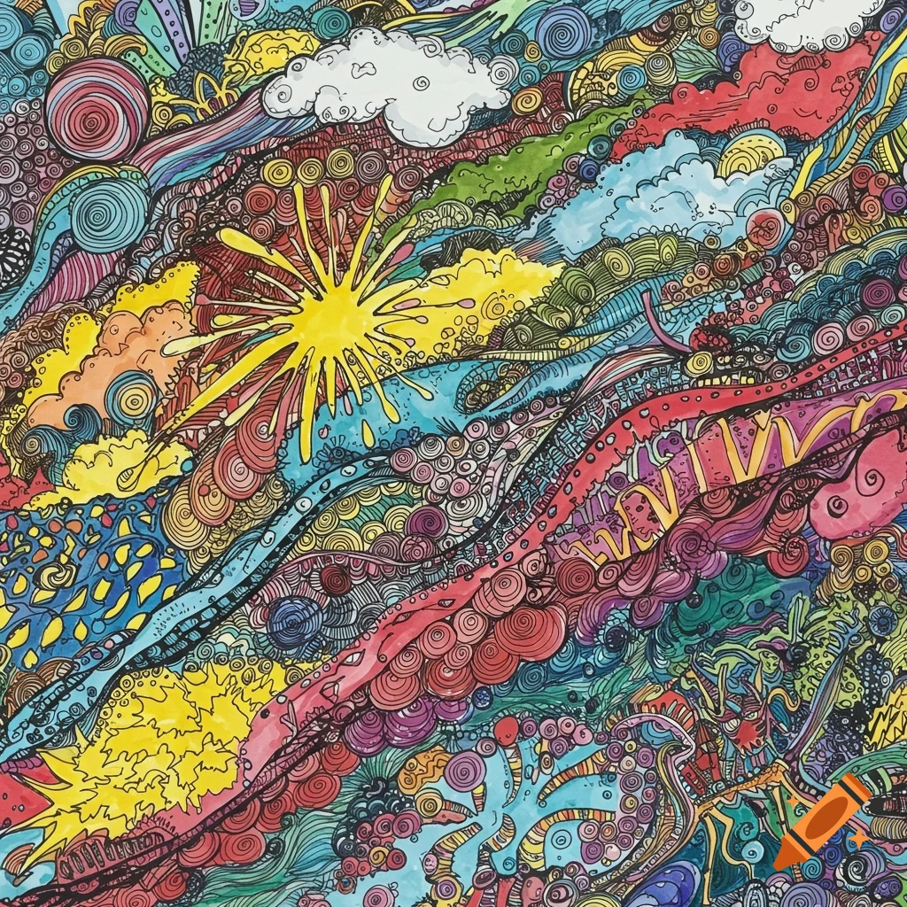 Colorful, intricate doodle illustration featuring a sun, clouds, and abstract patterns.