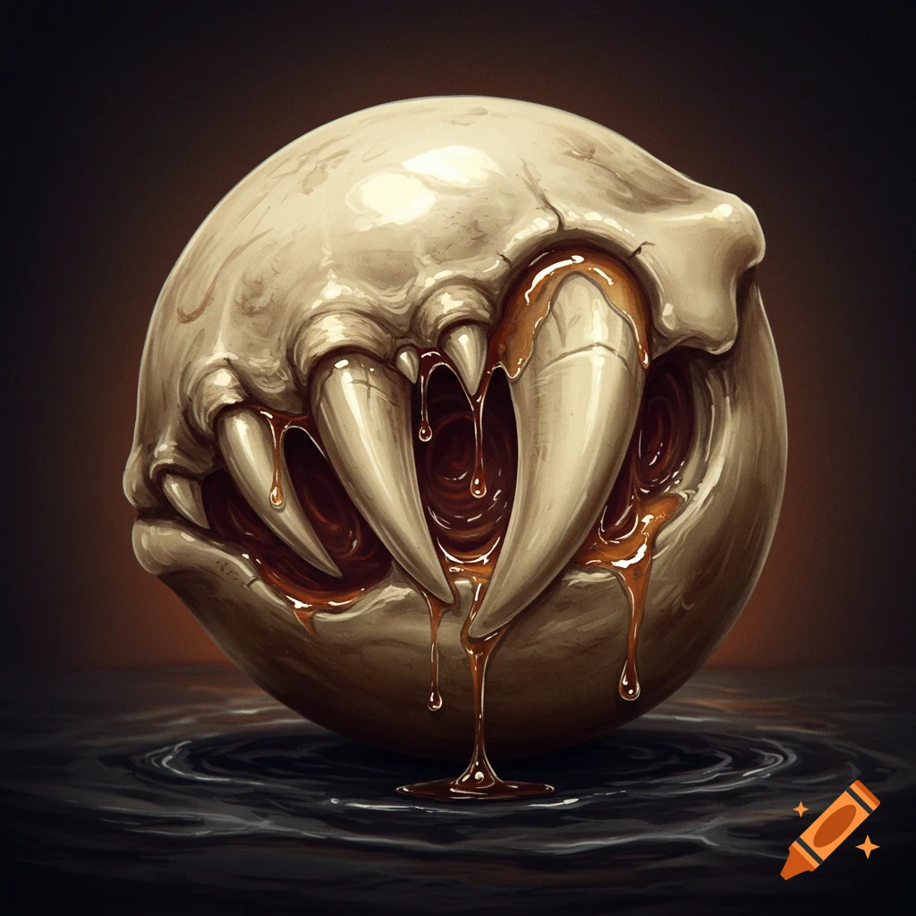 A bony orb with large dripping teeth sitting in dark water.