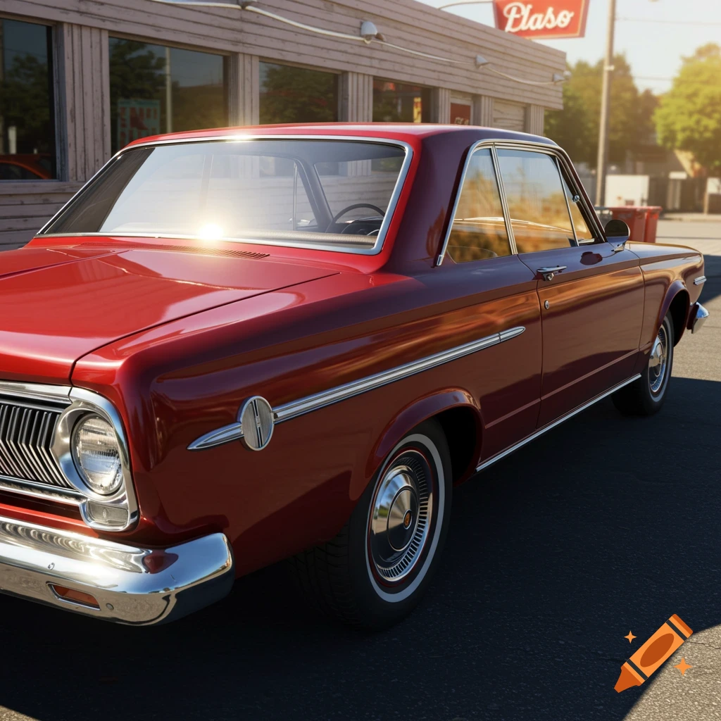 A shiny red 1963 Plymouth Valiant coupe is parked on the street in front of a building with a sign.