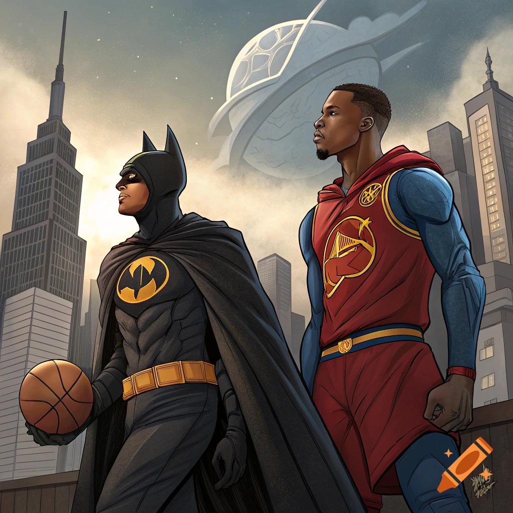 Batman and a figure in a basketball jersey stand in a city, one holding a basketball, in a comic book style.