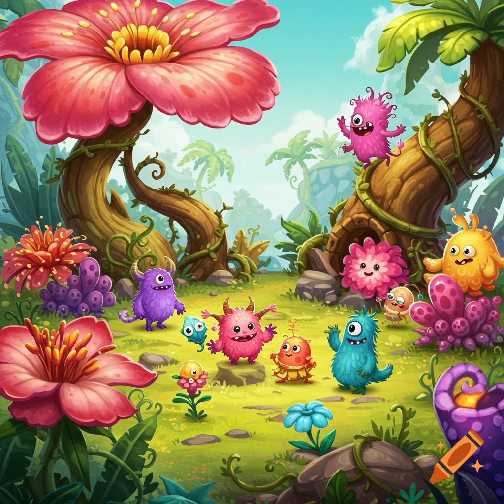 Cartoon monsters play in a colorful fantasy landscape with large flowers and twisted trees.