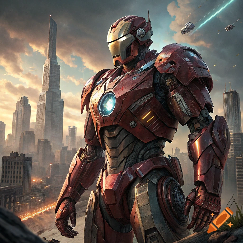 A red and gold robot suit stands in a futuristic cityscape.