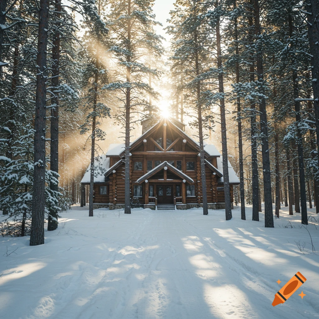 Log house in a snowy pine forest with sun rays shining through trees