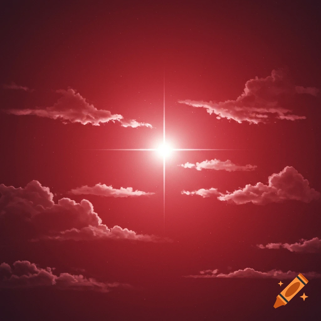 A bright star glowing in a red sky with clouds.
