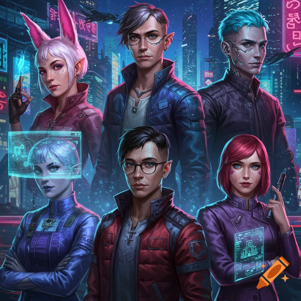 diverse cyberpunk characters in a futuristic city at night.