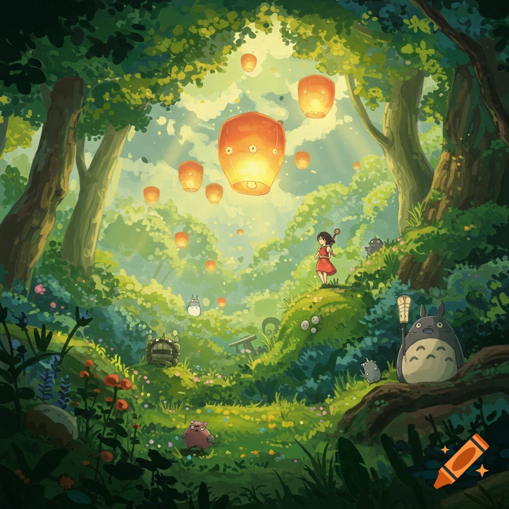 A girl and forest spirits watching lanterns float in a magical forest, Ghibli style.