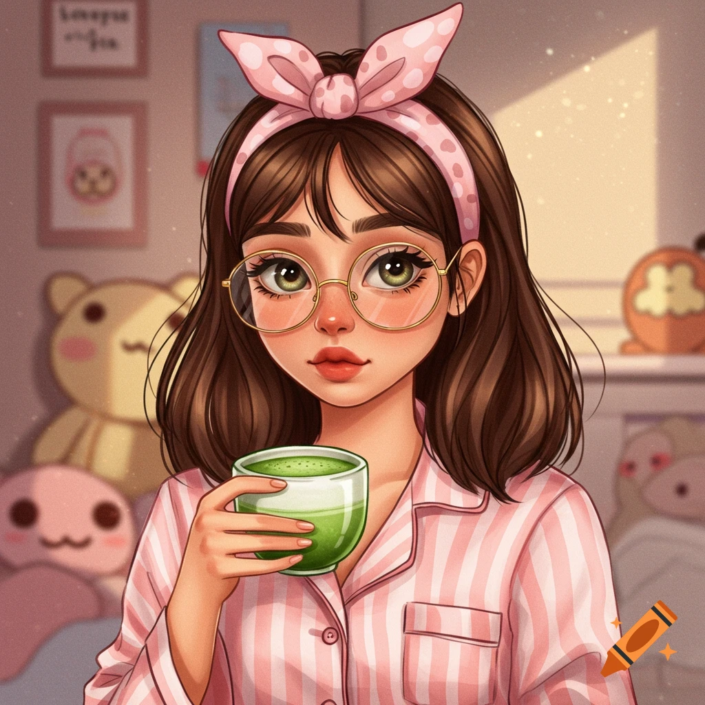 Digital art portrait of a girl in pink striped pajamas and headband holding a cup of matcha.