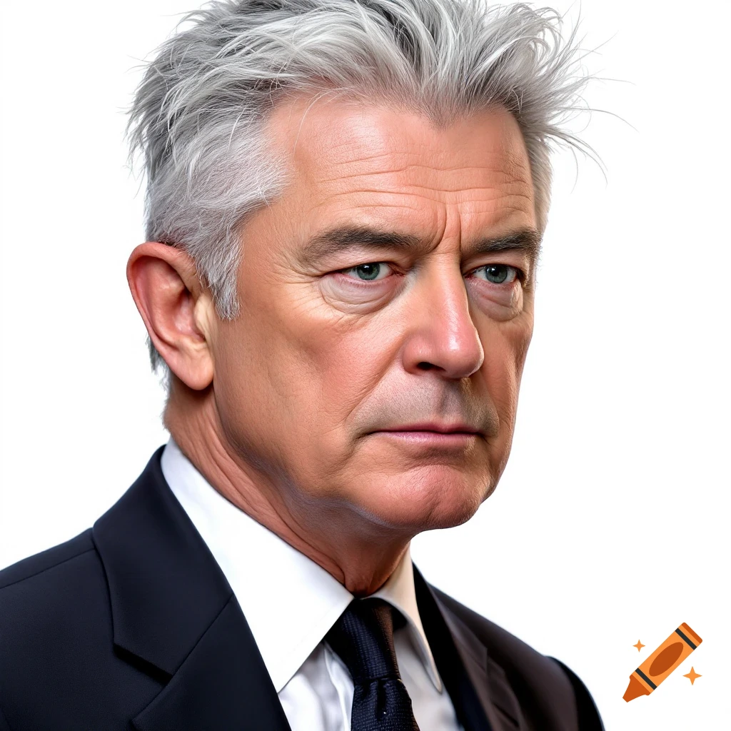 Close-up photorealistic portrait of an older man with grey hair wearing a dark suit