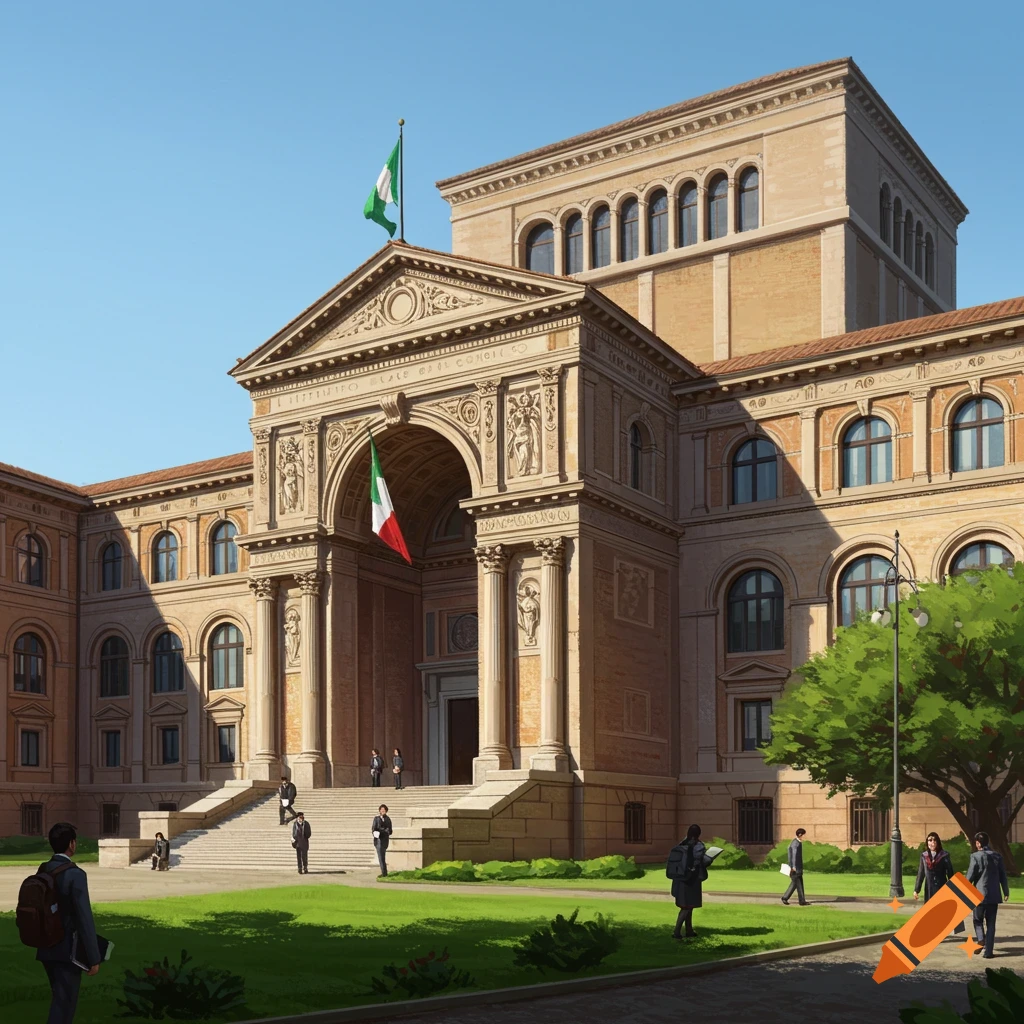 A large, ornate classical building with a green lawn and students outside.