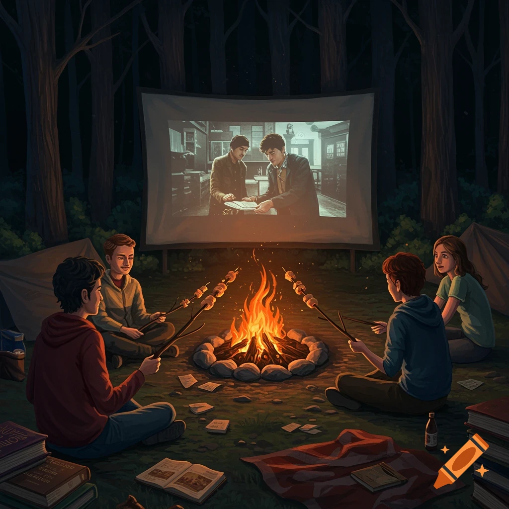 People are camping in a forest at night, watching a movie on a screen while roasting books over a campfire.
