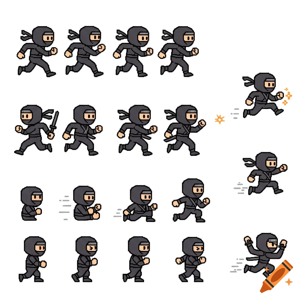 Pixel art sprite sheet of a ninja character in various poses, including running, standing, jumping, and attacking.