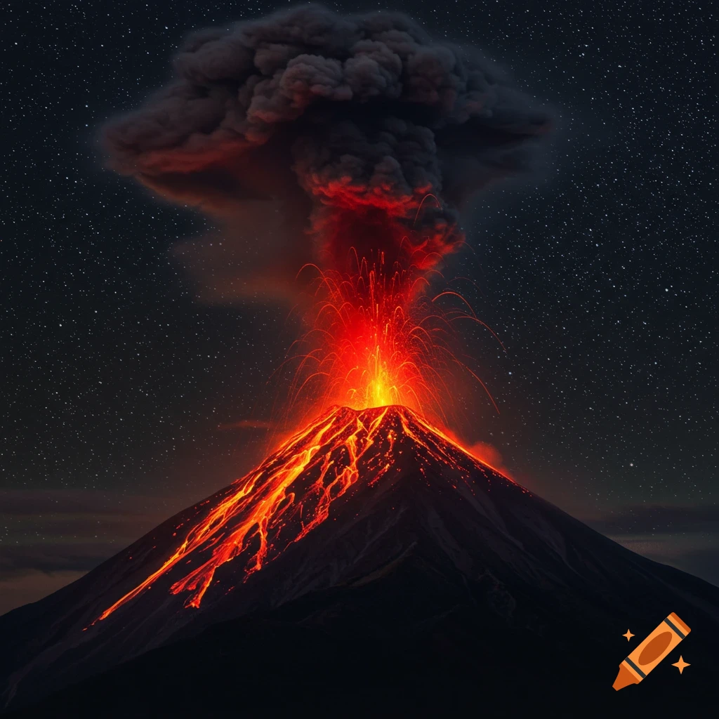 A volcano erupting at night under a starry sky, with red lava flow