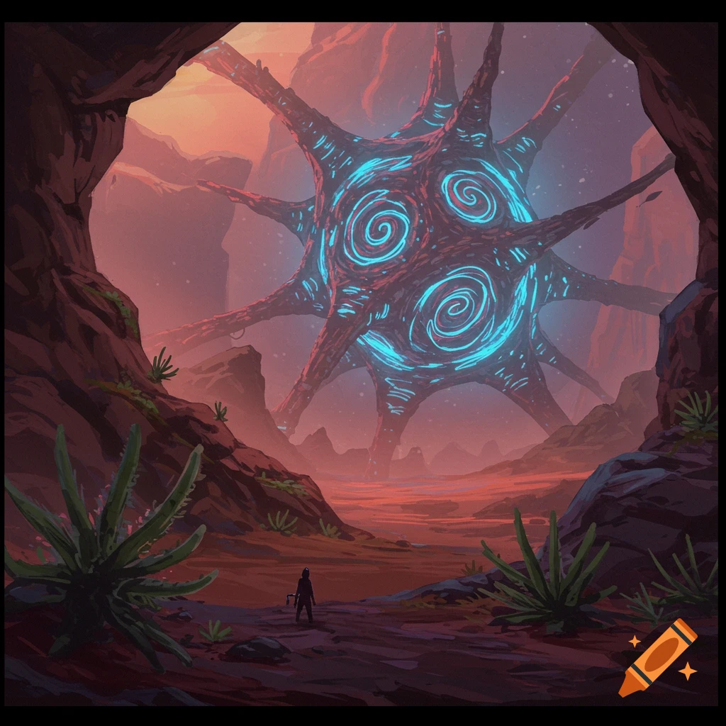 A figure in a red rocky landscape looking at a large glowing spiky structure.