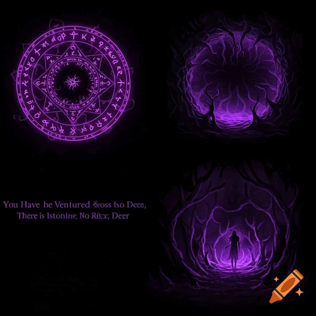 Four panels: a glowing purple magic circle and dark cave scenes with a figure.