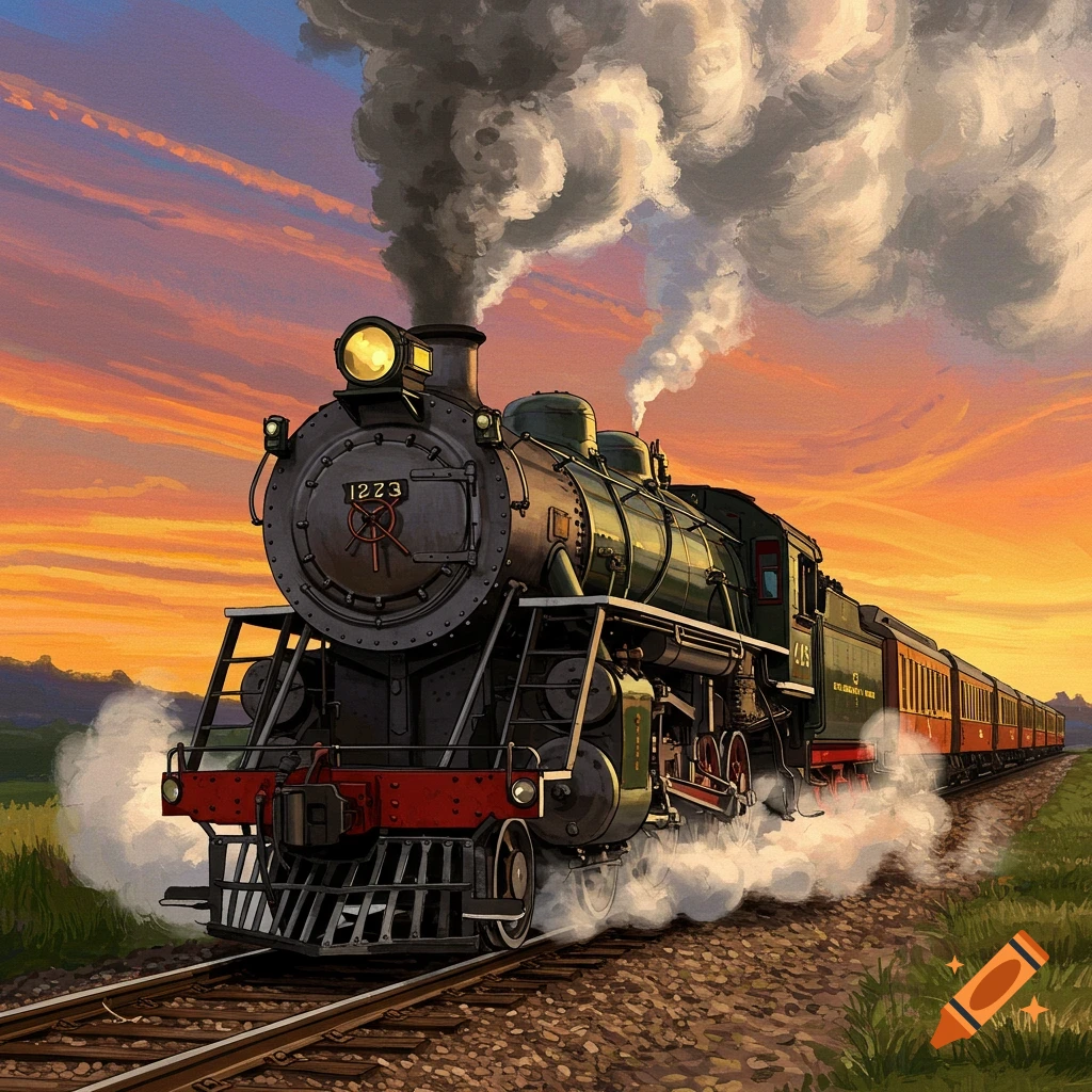 A vintage steam train pulling passenger cars at sunset, with steam billowing.