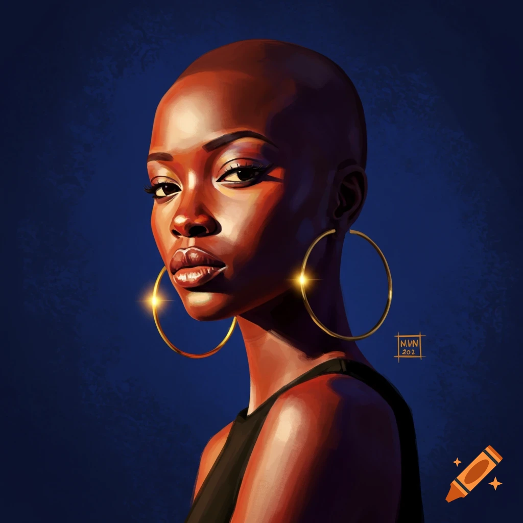 A Black woman with a bald head and large gold hoop earrings, lit dramatically against a blue background.