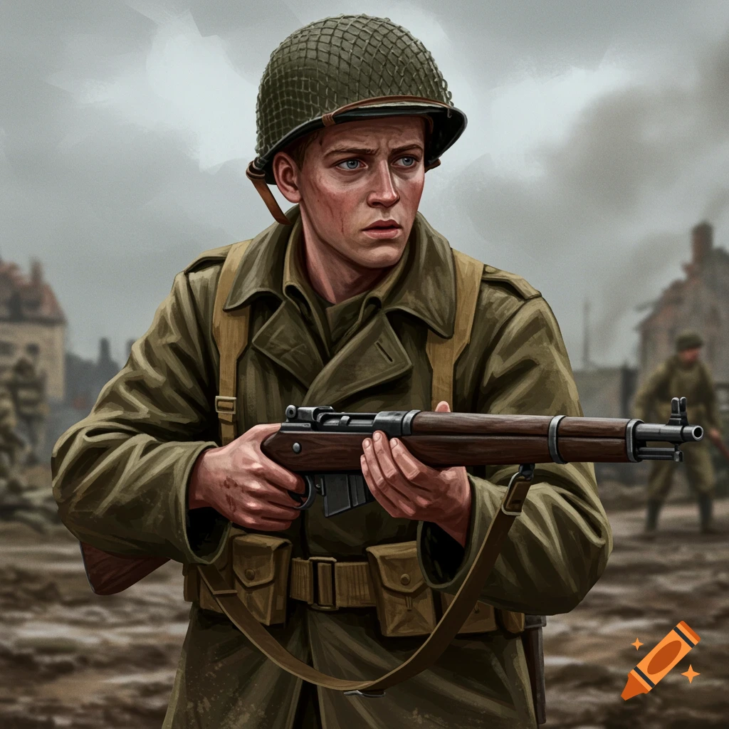 A young WWII soldier in uniform, holding a rifle, stands in a war-torn town.