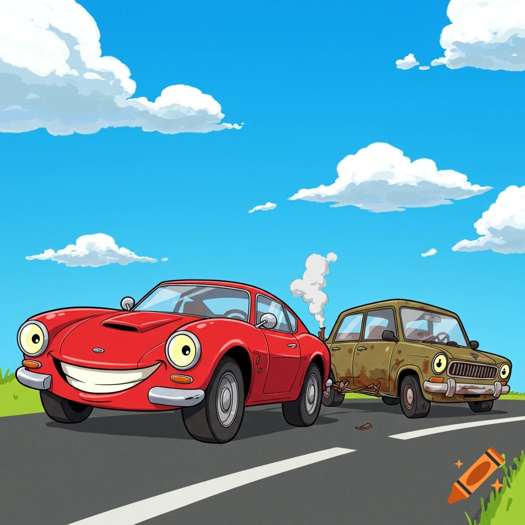 A cartoon red car with a smiling face is towing a rusty green car with eyes down a road.